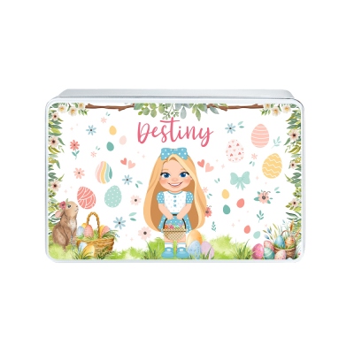 Personalized Name Cartoon Floral Girl Character Treat Tin with Lid, Kid's Tinplate Box Cookie Container, Easter Party Favor, Easter Gift for Girls