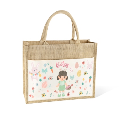 Custom Name Cartoon Floral Girl Character Burlap Tote Bag, Large Capacity Jute & Cotton Handbag, Easter Party Favor, Easter Gift for Kids/Girls/Women