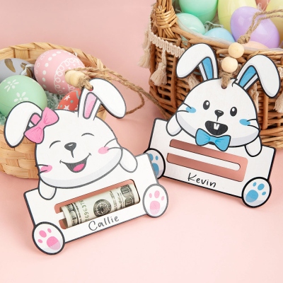 Custom Name Easter Bunny Money Holder, Wooden Easter Basket Tag with Beads, Easter Party Favor Basket Stuffer, Easter Gift for Kids/Teens/Boys/Girls