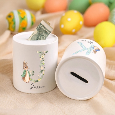 Custom Floral Peter Rabbit Alphabet Money Box with Name, Easter Ceramic Piggy Bank, Kid's Money Saving Mug, Birthday/Easter Gift for Kids/Boys/Girls