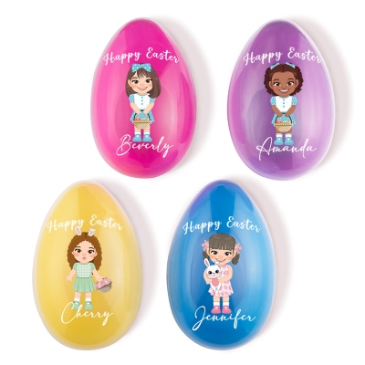 Personalized Name Cartoon Floral Girl Character Fillable Jumbo Easter Egg, Easter Basket Filler, Easter Egg Hunt Favor, Easter Gift for Kids/Girls