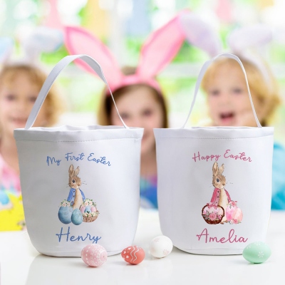 Personalized Name Floral Peter Rabbit Easter Basket, Easter Egg Hunt Bucket Bag, Large Capacity Canvas Goodie Bag, Easter Gift for Kids/Boys/Girls