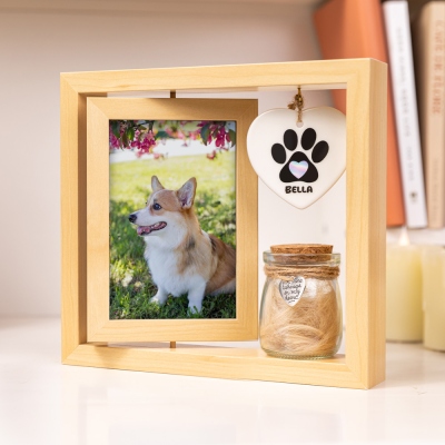 Custom Name Pet Photo Frame, Rotating Wooden Picture Frame with Paw Print Charm & Pet Ashes Jar, Pet Memorial Ornament, Sympathy Gift for Pet Owners