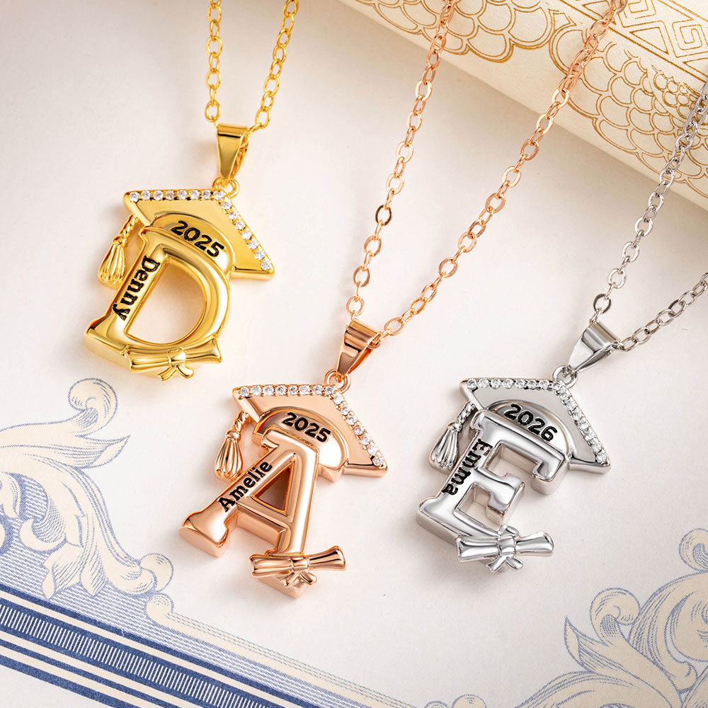 Personalized Name Graduation Cap Alphabet Necklace, Sterling Silver 925 Class of 2025 Graduation Jewelry, Graduation Gift for Graduates/Family/Friends