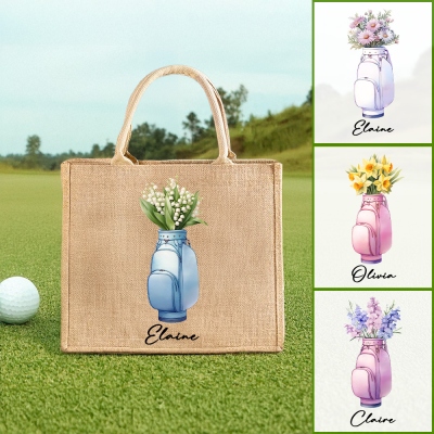 Custom Name Birth Flower Golf Cart Bag Design Tote Bag, Large Capacity Women's Golf Jute Bag, Travel Accessory, Gift for Female Golfers/Coaches/Team