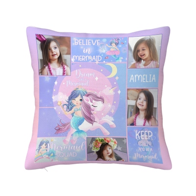 Personalized Name & Photos Little Mermaid Pillowcase, Pillow Cover with Optional Insert, Home Decor, Birthday/Baby Shower/Christmas Gift for Girls