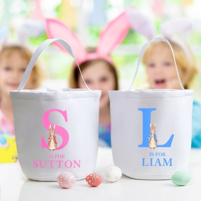 Personalized Name & Initial Peter Rabbit Easter Basket, Easter Egg Hunt Bucket Bag, Large Capacity Canvas Goodie Bag, Easter Gift for Kids/Boys/Girls