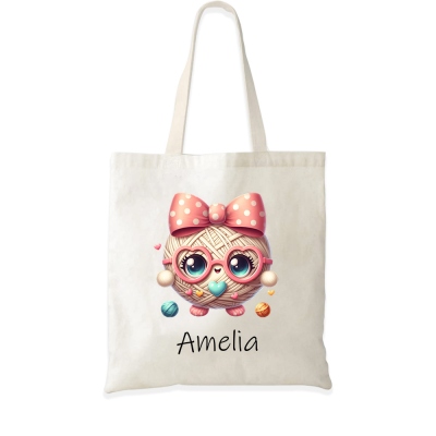 Personalized Name Cartoon Yarn Ball Tote Bag, Large Capacity Canvas Tote Bag for Crochet, Birthday/Mother's Day Gift for Crochet Lovers/Her/Mom