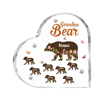 Personalized Mama Bear Heart-Shaped Acrylic Plaque with Kids' Names, Family Keepsake, Home Table Decor, Birthday/Mother's Day Gift for Her/Mom/Grandma