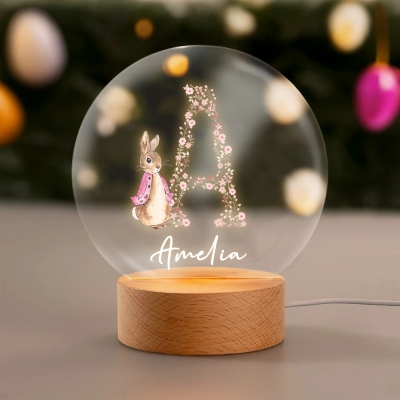 Custom Initial Name Floral Peter Rabbit LED Night Light, Acrylic Night Lamp with Wooden Base, Bedroom Decor, Birthday/Easter Gift for Kids/Boys/Girls