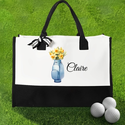 Custom Name Birth Flower Golf Cart Bag Design Tote Bag, Large Capacity Women's Canvas Handbag, Travel Accessory, Gift for Female Golfers/Coaches/Team