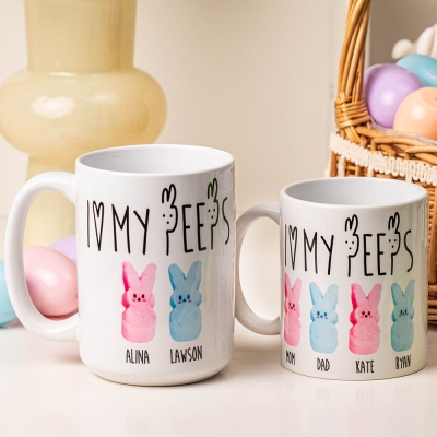 Personalized Easter Mug with 1-6 Names and Bunnies, 11oz/15oz Ceramic Coffee Cup, Easter Party Favors, Easter/Birthday Gift for Women/Girls/Family