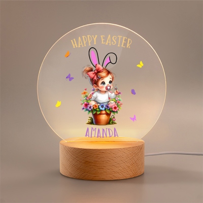 Personalized Cute Cartoon Easter Bunny Flower Pot Night Light, Custom Name Acrylic Night Lamp with Wooden Base, Happy Easter Gift for Newborns/Kids