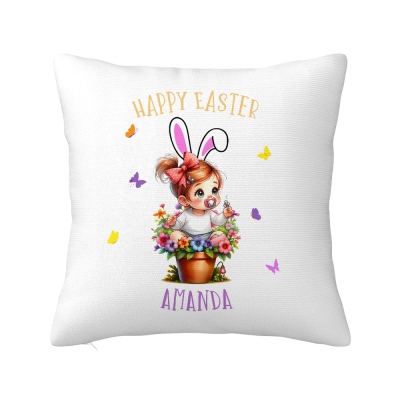 Personalized Cute Cartoon Easter Bunny Flower Pot Pillow Case, Custom Name Easter Pillow Cover, Easter Home Decor, Easter Gift for Newborns/Kids