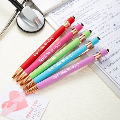 Custom Name Medical Pens with EKG & Heart Icon, 5-Pack Stylus Retractable Ballpoint Pen Set with Card, Graduation/Appreciation for Nurses/Doctors