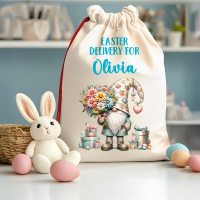 Personalized Easter Tote Bag with Multiple Gnome Designs, Custom Name Bunny Basket, Reusable Egg Hunt Bag for Kids and Family