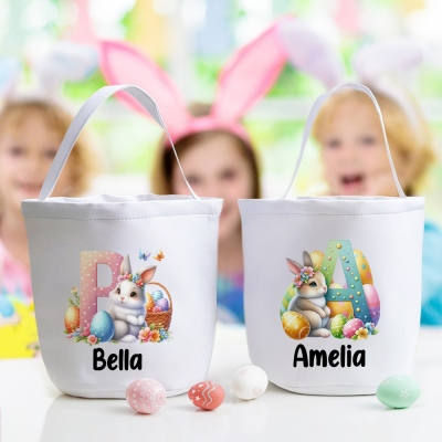 Personalized Cartoon Bunny Alphabet Easter Basket with Name, Easter Egg Hunt Bucket Bag, Large Capacity Canvas Goodie Bag, Easter Gift for Kids