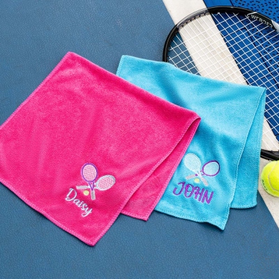 Personalized Embroidered Name Tennis Pattern Towel, Multicolor Cotton Towel, Sport Accessory, Birthday/Christmas Gift for Tennis Lover/Player/Team