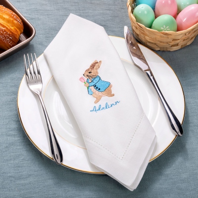 Custom Name Embroidered Peter Rabbit Linen Napkin, Easter Party Dinner Napkin, Easter Table Decor, Housewarming/Easter Gift for Hostess/Mom/Family