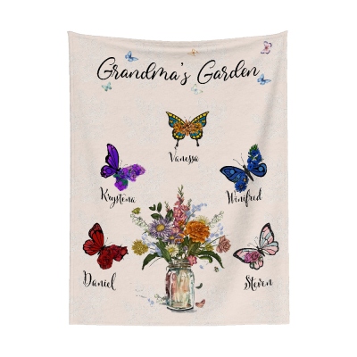 Custom Names Birth Month Butterflies of Grandma's Garden Blanket, Flannel/Sherpa Soft Bed Couch Throw, Home Decor, Mother's Day Gift for Mom/Grandma