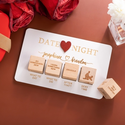 Personalized Date Night Dices Set of 5, Wooden Engraved Interactive Couple's Dices with Board, Valentine's Day/Anniversary Gift for Him/Her/Lover