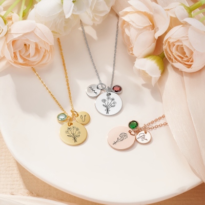 Personalized Name Family Birth Flower Bouquet Necklace with Birthstone, Custom Engraved Floral Pendant, Birthday/Mother's Day Gift for Her/Mom/Grandma