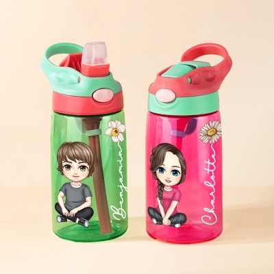 Personalized Cartoon Character Water Bottle with Birth Flower & Name, 16oz Kid Cup with Silicone Straw & Handle, Back to School/Birthday Gift for Kids