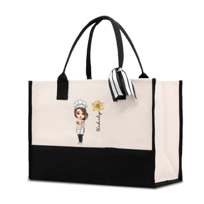 Personalized Cooking Mama Clipart Grocery Shopping Tote Bag with Birth Flower and Name, Mother’s Day/Birthday Gift for Women/Baker/Cooking Lovers
