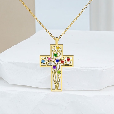 Personalized Family Tree Birthstone Cross Pendant, Custom Necklace, Mother's Day Gift for Mom, Grandma, Christian Jewelry
