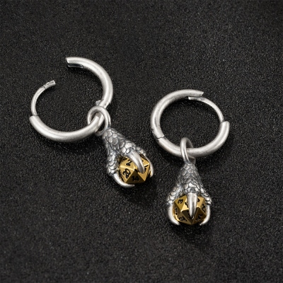 A Pair of Dragon Claw with Tiny D20 Dice Huggie Hoop Earrings, Dangle Hoop Earrings, Dragon Claw Earrings, D20 Dice Earrings, Unisex Jewelry, Brass Earrings