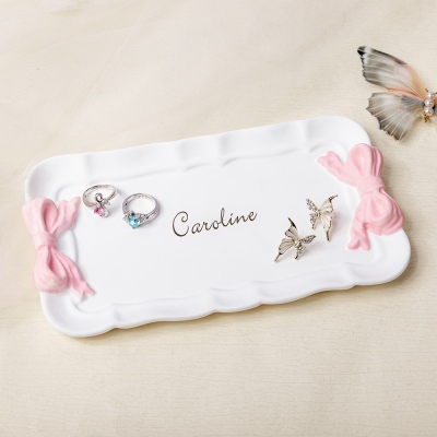 Personalized Name Coquette Bow Jewelry Dish, Ceramic Ring Dish Trinket Tray, Home Decor, Birthday/Mother's Day/Wedding Gift for Her/Mom/Bridesmaids