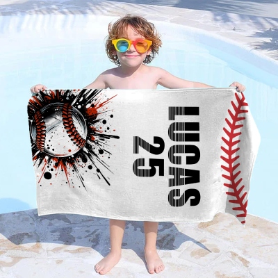 Personalized Name & Number Baseball Beach Towel, Quick Dry Microfiber Bath Towel, Summer Vacation/Beach Party Favor, Gift for Baseball Lovers/Kids