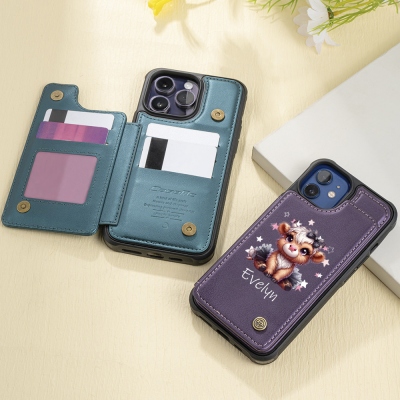 Custom Name Cartoon Highland Cow Girl Phone Case with Card Holder, RFID Blocking Kickstand Shockproof Wallet Case for iPhone, Gift for Women/Girls
