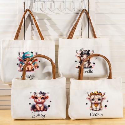 Personalized Name Cartoon Highland Cow Tote Bag, Large Capacity Canvas Handbag with Leather Handle, Birthday/Mother's Day Gift for Her/Mom/Women