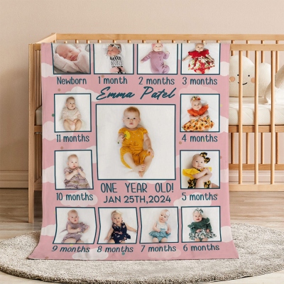 Personalized Name Baby's 1st Birthday Blanket with 0-12 Months Photos, Flannel/Sherpa Soft Bed Couch Throw, Birthday/Baby Shower Gift for Babies