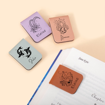 Custom Zodiac Sign Floral Magnetic Bookmark, Leather Bookmark Clip, Book Accessory, Birthday/Christmas Gift for Book Lovers/Bookworms/Couples