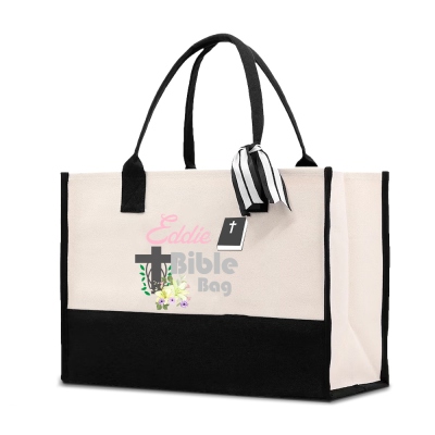 Personalized Cross & Floral Bible Tote Bag with Name, Large Capacity Canvas Bible Study Bag with Ribbon, Christian Gift for Her/Mom/Family/Women