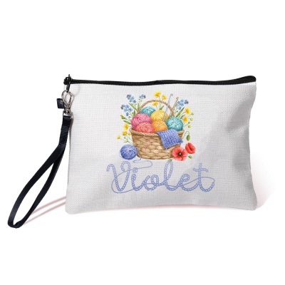Custom Name Multicolor Floral Yarn Basket Cosmetic Bag, Linen Makeup Pouch with Wrist Strap, Travel Accessory, Gift for Crochet Lovers/Mom/Grandma