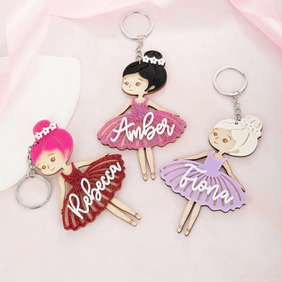 Personalized Name Cartoon Ballerina Keychain, Wooden Acrylic Ballet Girl Keyring, Ballet Bag Tag, Birthday/Christmas Gift for Ballet Dancers/Girls