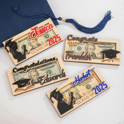Personalized Graduation Money Holder with Name, Wooden Cash Holder, Class of 2025 High School/College Graduation Keepsake, Gift for Graduates