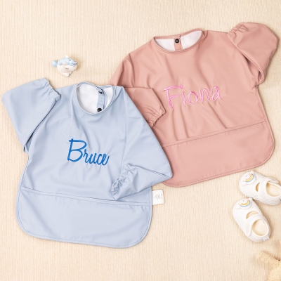 Custom Embroidered Name Full Sleeve Bib Outfit, Childrens Painting Apron, Waterproof Bib for Kids, Baby Shower/Birthday Gift for Newborns/Toddlers