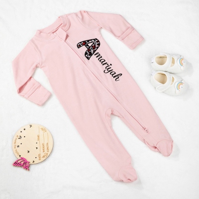 Custom Embroidered Leopard Initial Name Baby Bodysuit, 100% Cotton Baby Romper with Zipper & Headband, Birthday/Christmas Gift for Newborns/Infants