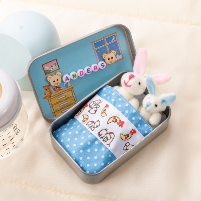 Custom Baby Bunny and Mummy Tiny Plush Pocket Tin with Name Beads, Cute Sleeping Rabbit Anxiety Gift Tin, Easter/Birthday/Christmas Gift for Kids
