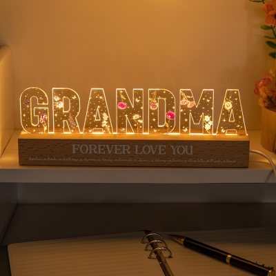 Personalized 1-12 Names & Birth Flowers LED Night Light, Acrylic Night Lamp with Wooden Base, Birthday/Mother's Day Gift for Mom/Grandma/Family