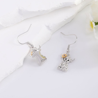 Personalized Birthstone Floral Highland Cow Earrings, Sterling Silver 925 Dangle Earrings, Birthday/Anniversary Gift for Highland Cow Lovers/Women