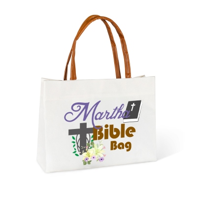 Personalized Name Cross & Floral Bible Tote Bag, Large Capacity Canvas Bible Study Bag with Leather Handle, Christian Gift for Her/Mom/Family/Women