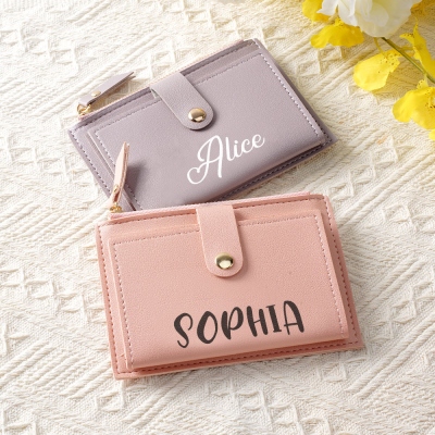 Personalized Name Mini Wallet, Women's Leather Wallet, Travel Keychain Card Holder, Bridal Shower Favor, Birthday/Mother's Day Gift for Her/Mom/Women