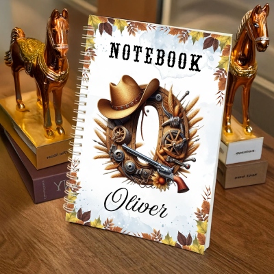 Personalized Initial & Name Western Style Spiral Notebook, A5 Sized Softcover Lined Notebook, Country Rustic Journal, Gift for Cowboys/Horse Lovers