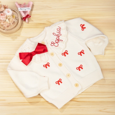 Personalized Embroidery Name Coquette Bow Cardigan, White Ruffle Sweater with Red Bows, Birthday/Baby Shower Gift for Daughter/Niece/Granddaughter