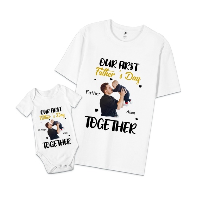 Custom Name & Photo First Father's Day Parent-Child Matching Shirts, Baby Onesie & Dad T-Shirt Set, Baby Shower/Father's Day Gift for Newborns/New Dad
